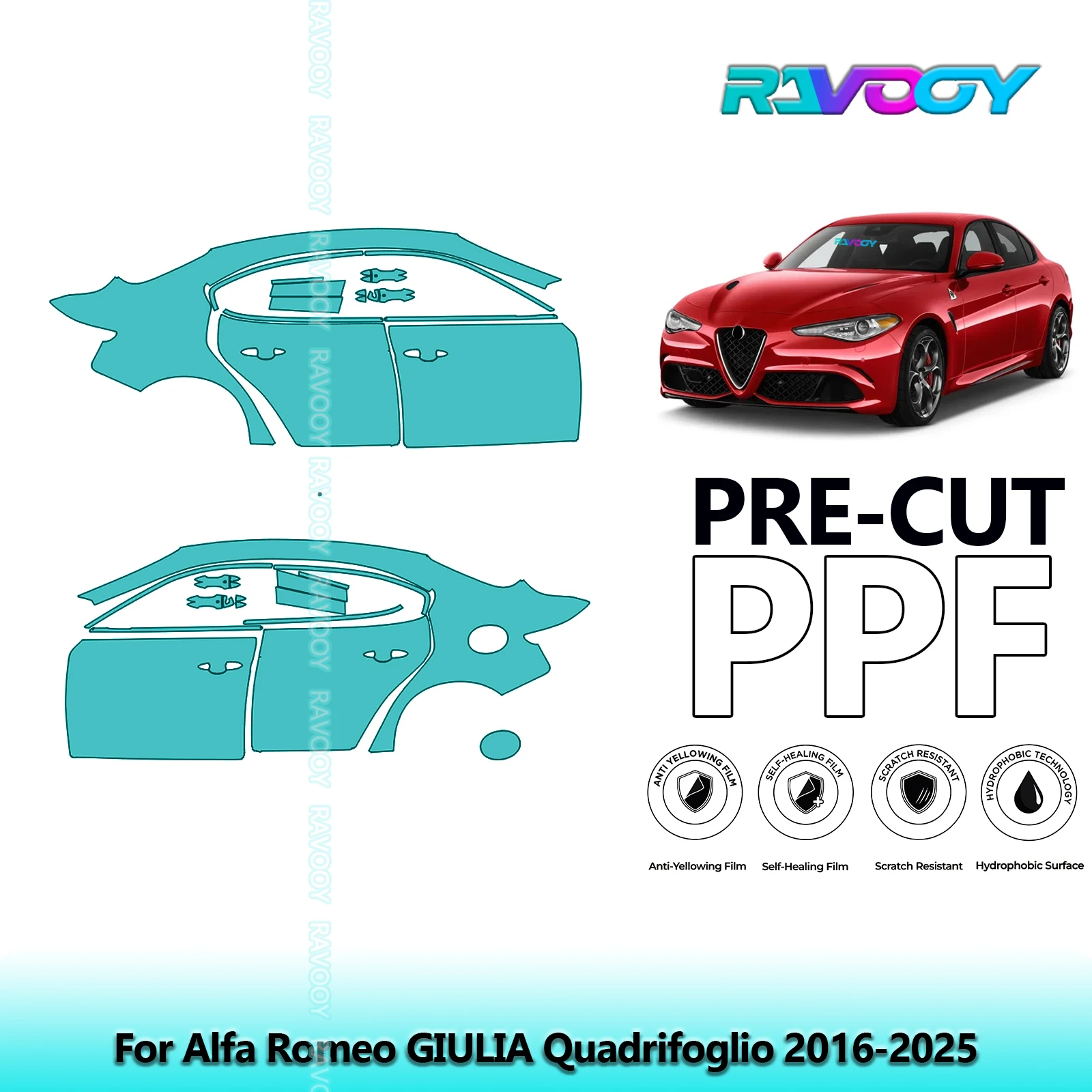 

For Alfa Romeo GIULIA Quadrifoglio 2016-2025 8.5mil Clear Matte Pre-Cut PPF Door & A/B Pillar Kit TPU Paint Protection Film Set
