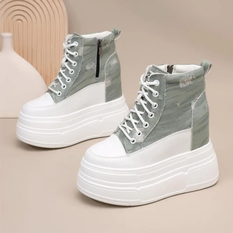 

Холщовые высокие туфли на платформе и платформе. Маленькая повседневная спортивная обувь на сверхвысоком каблуке 10 см. Женские одинарные туфли.