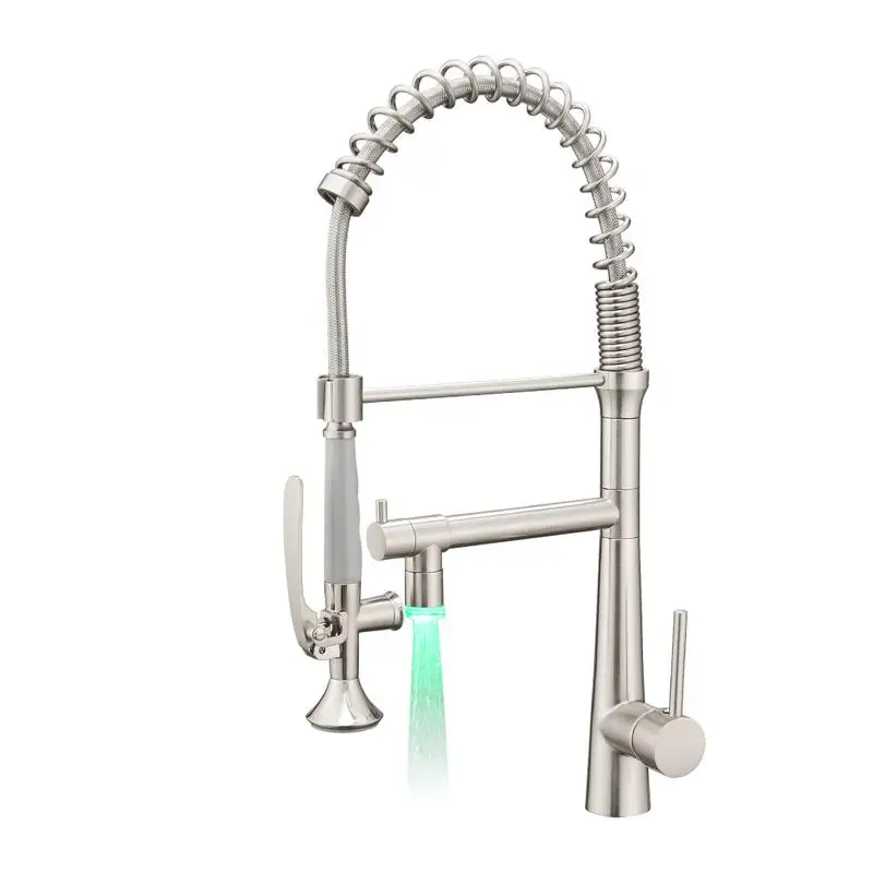 

Heavy Duty Commercial Style LED Kitchen Sink Faucet, Single Handle Pre-Rinse Spring Sprayer, High Arc Pull Down Brushed Nickel