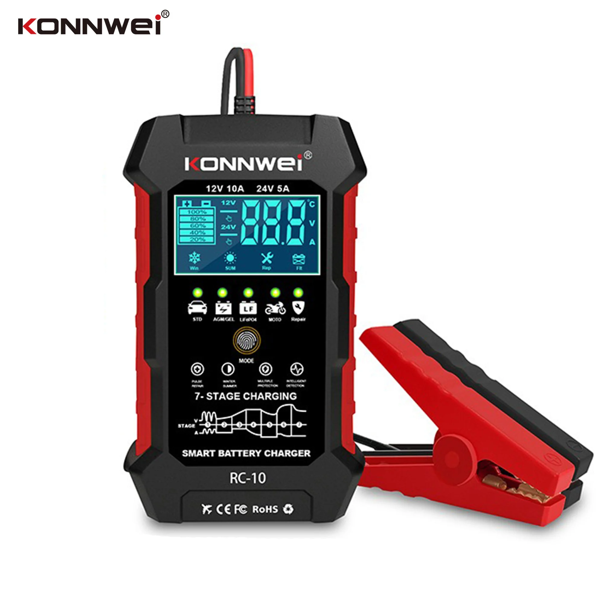 KONNWEI RC-10 12V 10 A 24V 5A Car Battery Charger Full Automatic Fast Charging Pulse Repair Battery Charger Lead Acid AGM Gel