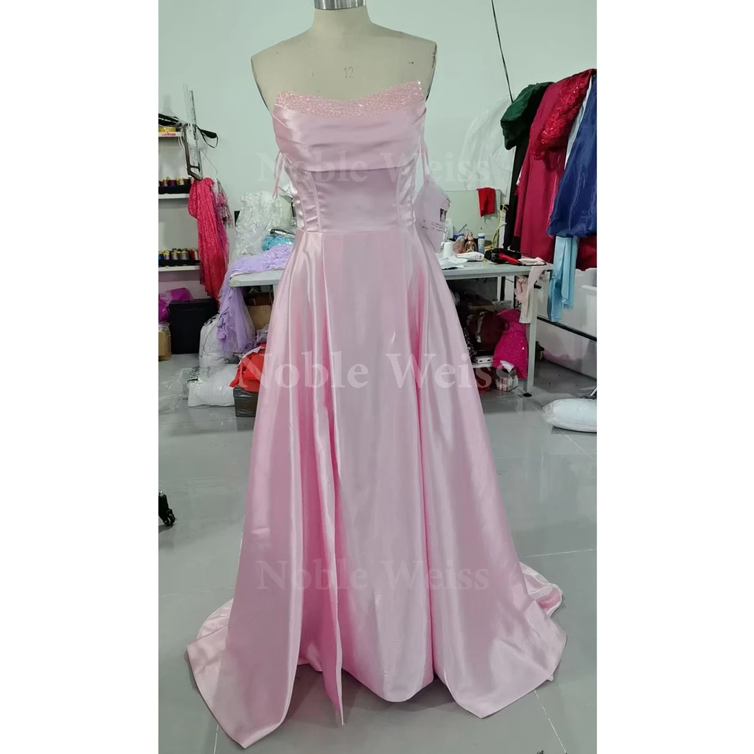 Women's Satin Prom Dresses with Slit A-Line Pockets O-Neck Evening Dresses Pleated Corset Formal Gowns Customize image 5