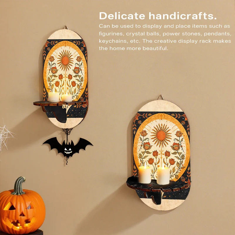 2D Flat, Wall Shelf with Vintage Sunflower Decor - Multi-Functional Key Holder, Candle Stand & Pendant Rack Suitable for Living