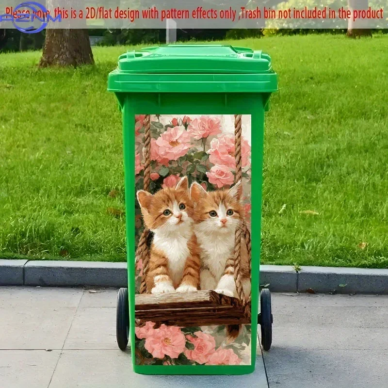 2D 1PC Flat Printing 1pc Trash Can Sticker ×cm, Cute Rose Kitten Themed Design, Self-Adhesive Decorative Wallpaper, Kitchen Tr