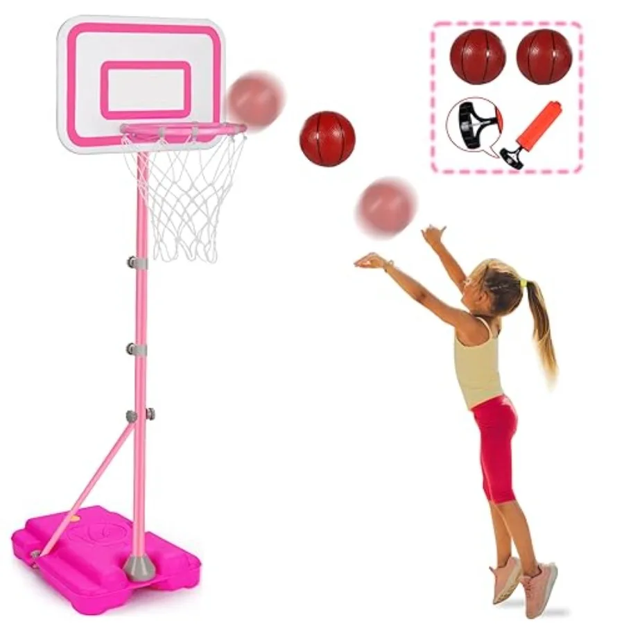 

Toddler Basketball Hoop for Girls Pink Basketball Goals Adjustable Height 2.9ft-6.2ft Basketball Hoop Indoor Outdoor Play Outsi