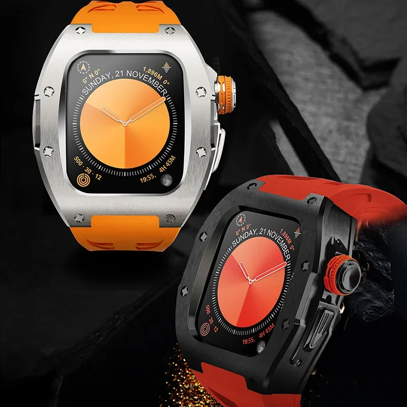 Luxuriöses Edelstahl-Modifikationsset für Apple Watch Series 10, 46 mm, Titangehäuse für IWatch Series 10, 46 mm Fluorkautschukarmband