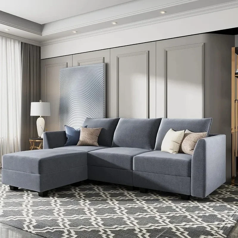 Reversible L-Shaped Sectional Sofa with Chaise, Modern Modular Couch for Living Room, Bluish Grey Color