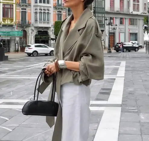 Women's Jacket 2025 Spring Autumn New Solid Color Windbreaker Notched Collar Long Sleeve Commuter Temperament Lace Up Jacket