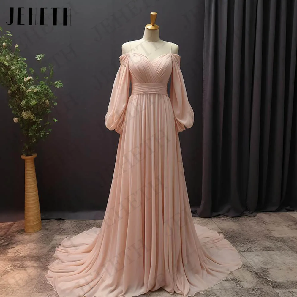 

JEHETH فساتين سهرة Saudi Arabic Puff Sleeves Evening Dresses Dubai Pink A Line Chiffon Off Shoulder Prom Wedding Party Gowns