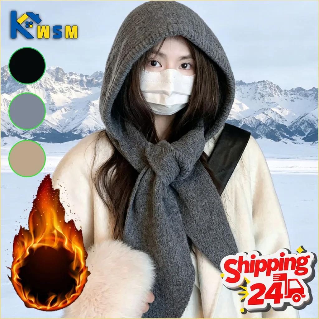 1-5PCS Women Knitted Hat with Scarf Integrated Ear Flap Thick Warm Windproof Winter Beanie for Skiing Cycling Cold Weather