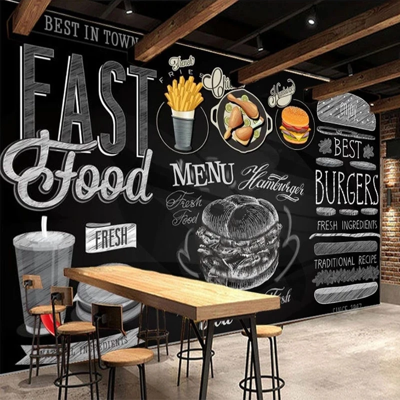Custom Mural 3D Fashion Hand Painted Fast Food Hamburger Restaurant Wallpaper blackboard Living room TV background wall bedroom