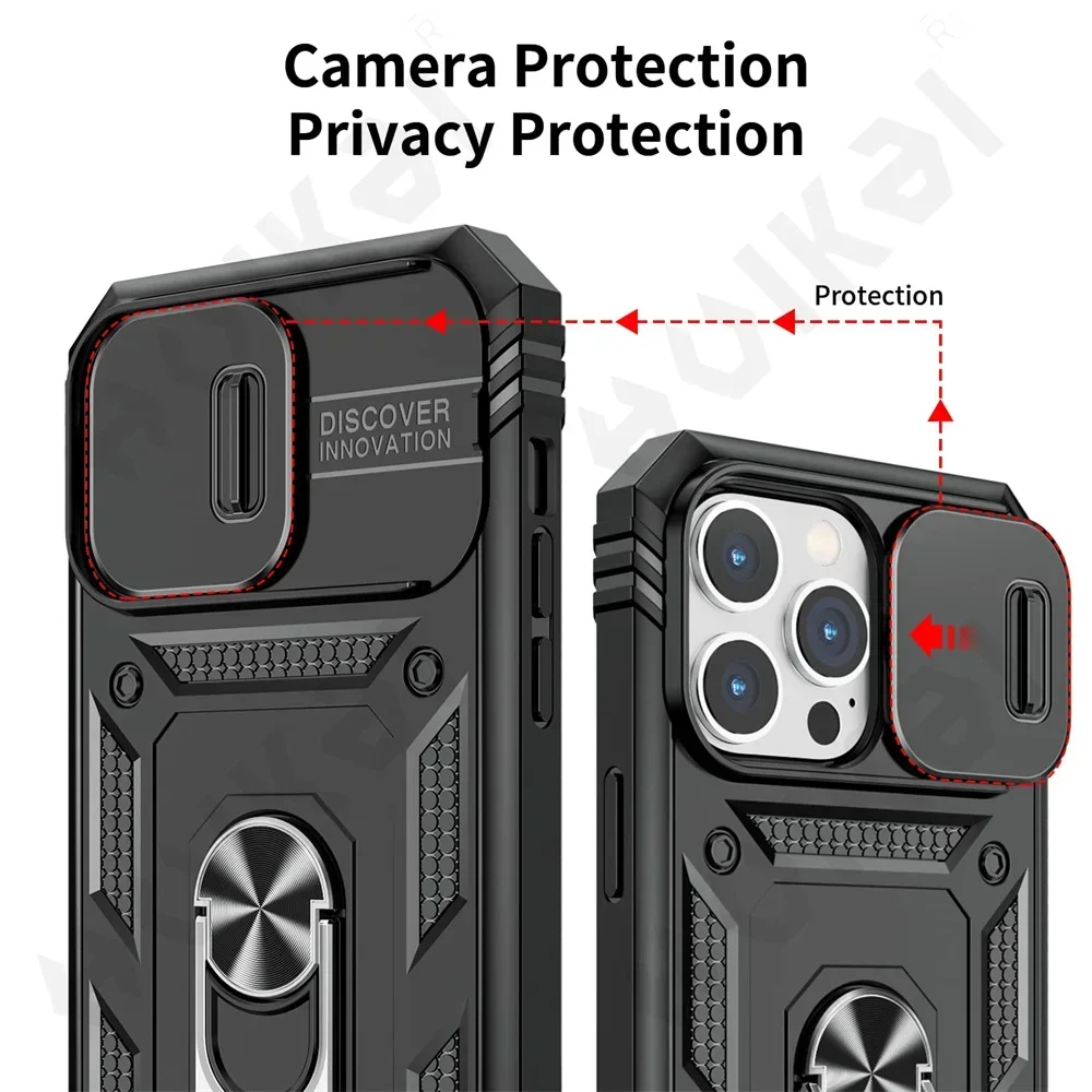 2023 Case For iPhone 16 15 14 13 12 11 Pro XS Max Plus 360 Full Body Rugged Protective Slide Camera Stand Protection Ring Cover