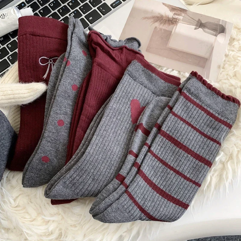 1/5pairs Cotton Ruffles Ankle Socks Women Retro Cute Kawaii Korean Stocking Girls  2024 Autumn and Winter Red Middle Tube Sox