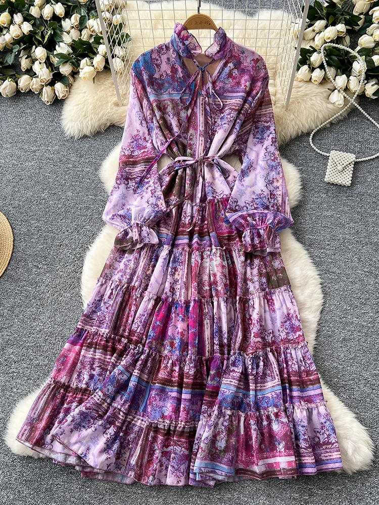 

Женское весенне-осеннее платье, новое французское ретро-платье с круглым вырезом, элегантное шифоновое платье с высокой талией и принтом на бретельках, длинные платья DS084