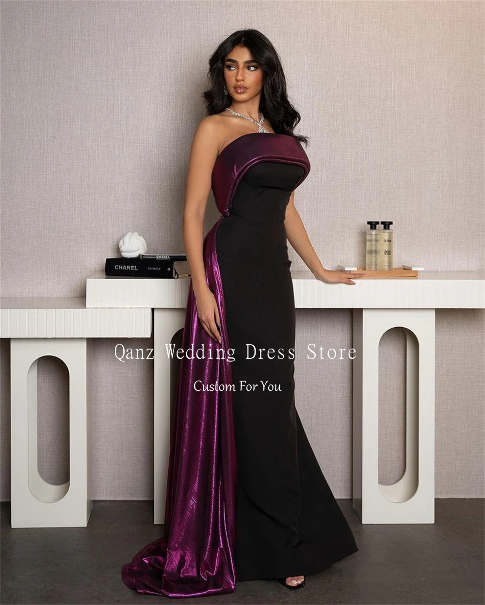 Qanz Strapless Mermaid Evening Dresses Arabic Prom Dresses 2024 Luxury Satin Corset Back Formal Occasion Dresses Customized