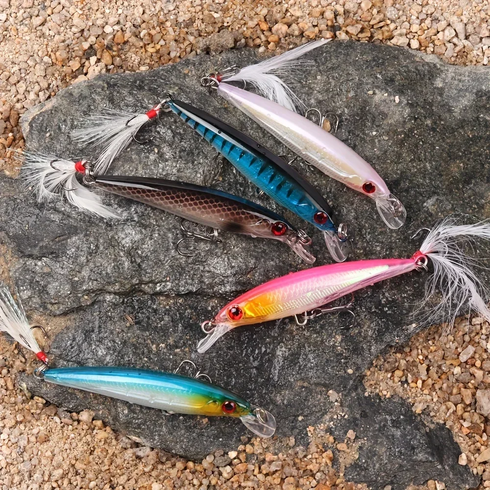 5pcs/box Laser 3D Eyes Bionic Minnow Fishing Lure -13.3g/6.8g Hard Bait with Feather Treble Hooks for Maximum Catch