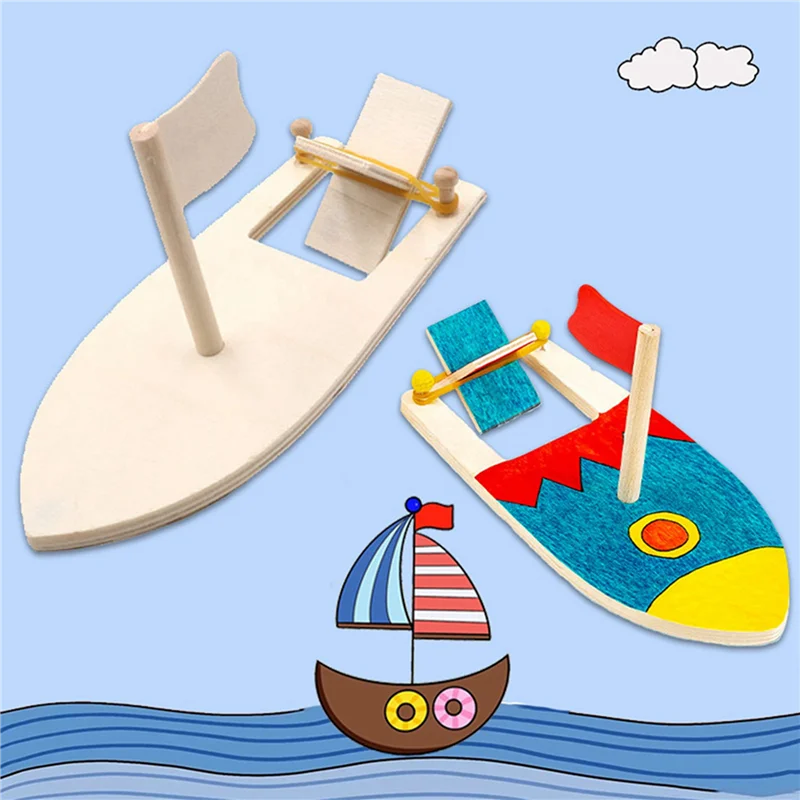 

B05B-48X DIY Wooden Sailboat Rubber Band Paddle Boat Paint And Decorate Wooden Sailboat Embryo Model Handmade Materials Craft