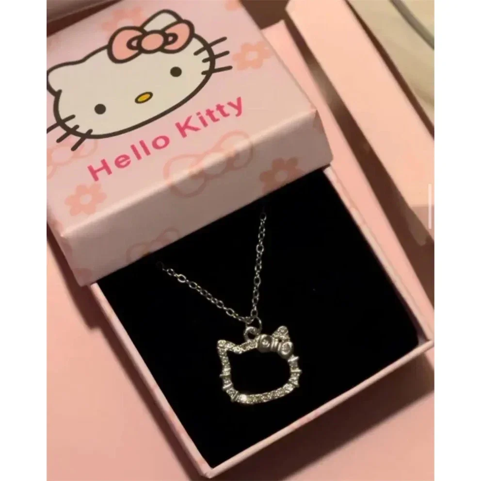 Anime Sanrio Necklace HelloKitty Kids Girl Pendant Necklace Kawaii Inlaid Diamond Crystal Jewelry Cartoon Gift Box Birthday Gift