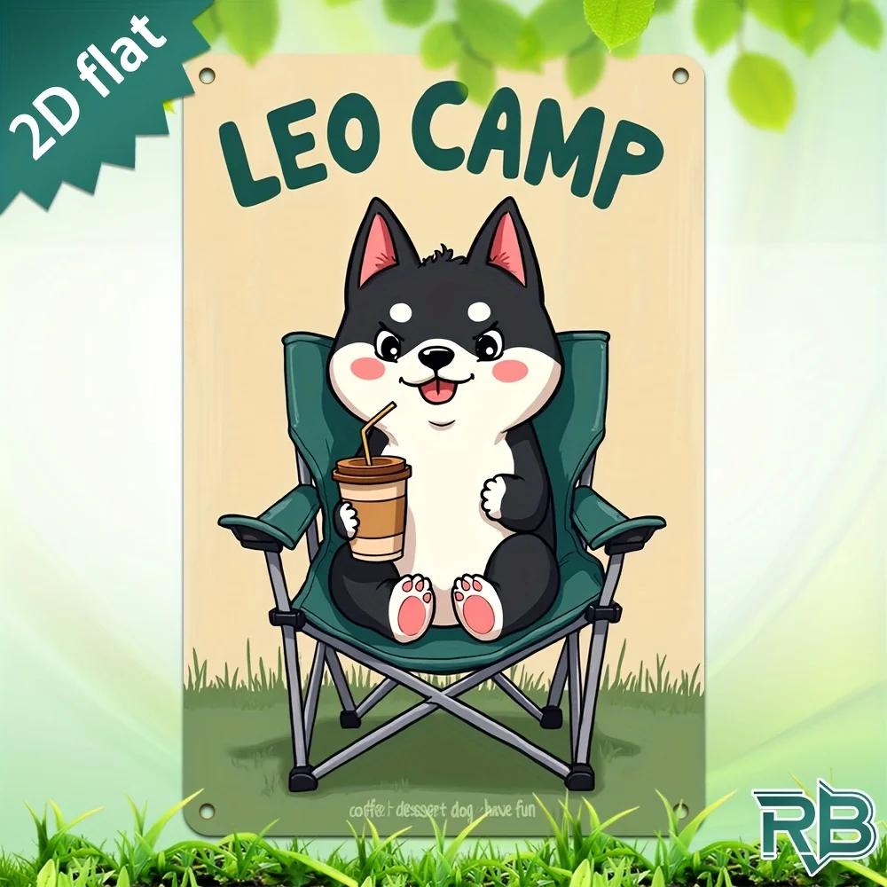 New Trendy HD Metal Wall Art - Vintage Retro 2D Flat Design Kawaii Cute Cartoon Black Shiba Inu Dog Sitting on Green Folding Cam
