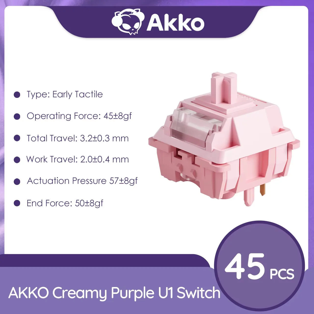 Akko U1 Tactile Switch Crèmeachtig Paars Fabrieksgesmeerd 5 Pins 45gf±8gf POM Top MX Switches Mechanische Toetsenbordaccessoires 45 Stuks