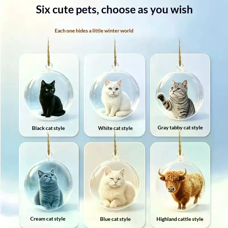 Clear Acrylic Christmas Ornament Shiny Kawaii Cat Design Shatterproof Hanging Pendant for Xmas Tree Winter Party Decor Gifts