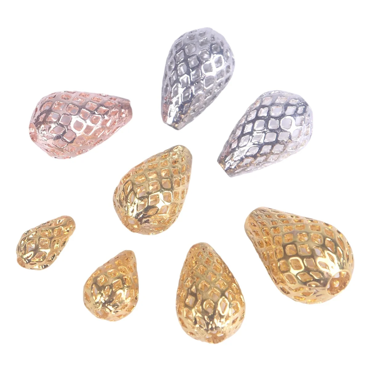 10PCS Teardrop 6x10mm 8x12mm 10x15mm 12x18mm Hollow Mesh Brass Metal Plated Gold/Silver Color Loose Beads For Jewelry Making DIY