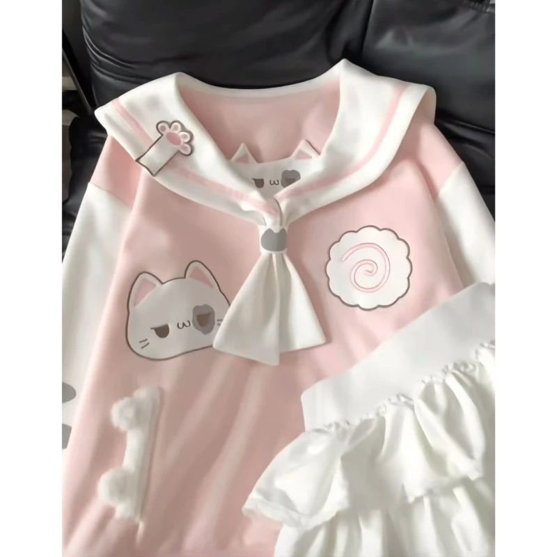 اليابانية Kawaii طويلة الأكمام هوديي الصلبة طوق القط لطيف طباعة الحلو أعلى ضئيلة المرقعة آذان القط ربيع الخريف 2025 وصول جديد #5