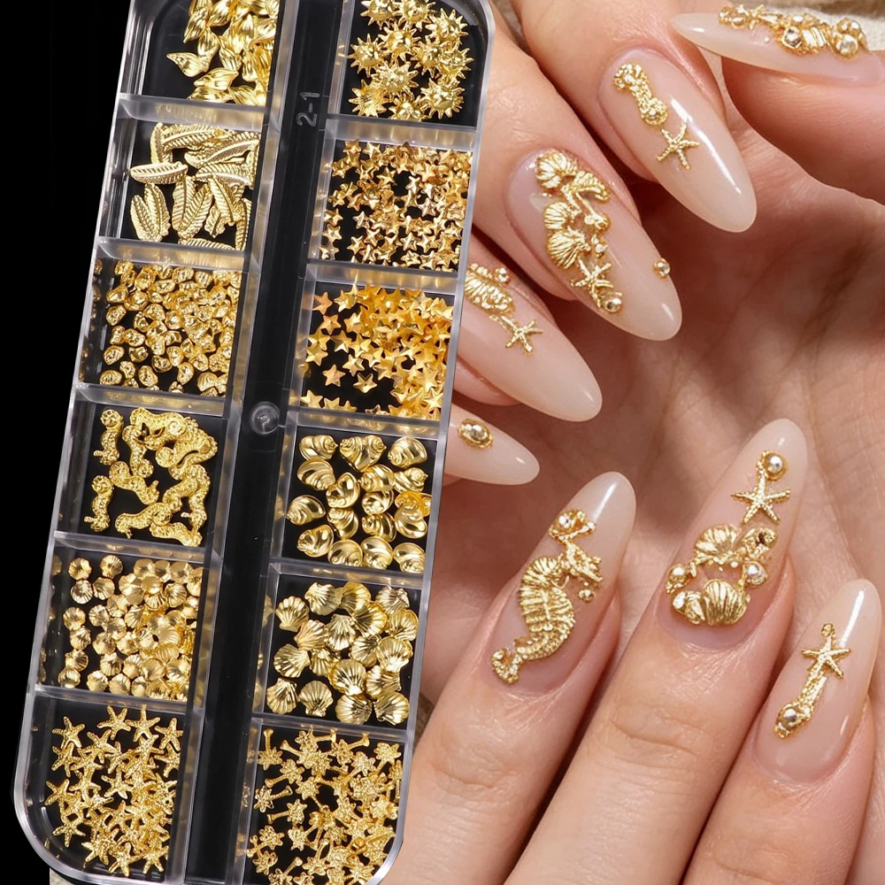 12Gird 3D Summer Metallic Ocean Theme Nail Art Stud Mix Gold Shell/Starfish/Conch Nail Art Holiday Gold Shell Manicure Rivet