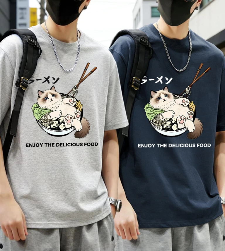 

Мужской летний повседневный хлопковый костюм с принтом «Кот лежит после того, как съел слишком много» – корейская мягкая уличная одежда, дышащие топы для города