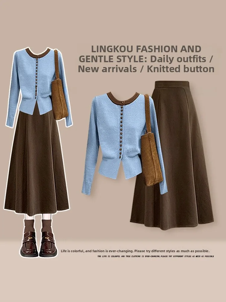 

Ele вязаный кардиган и юбка с высокой талией, комплект из двух предметов для женщин, осень-зима, модный ретро-стиль, утягивающий вид