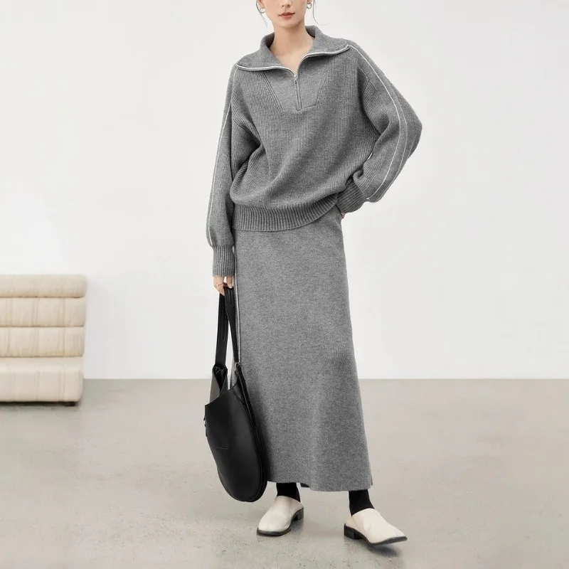 

Casual Loose Zipper Mock Neck Solid Long Sleeve Knit Pullover Sweater+Elastic Waist Maxi Skirt 2-piece Set Winter Women Suit New