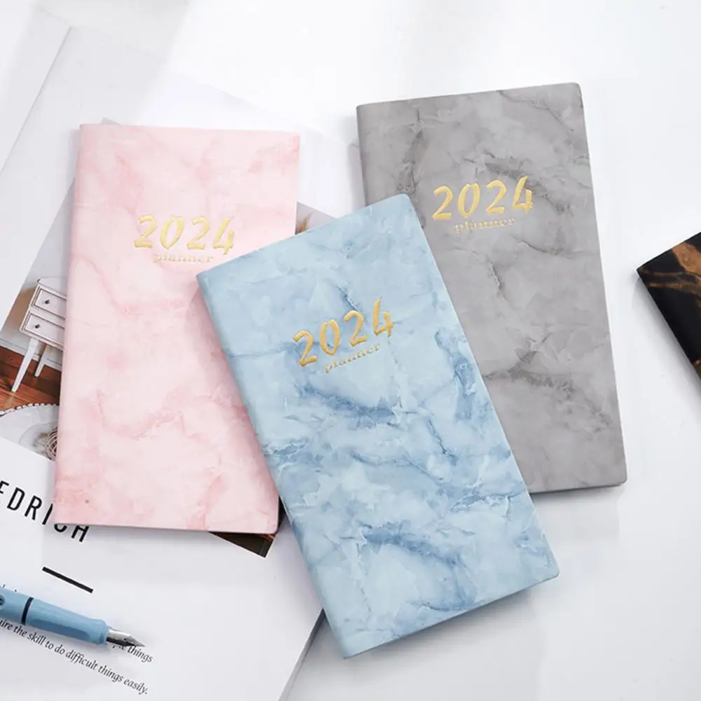 인조 가죽 하드 커버 리본 휴대용 플래너, 두꺼운 종이 북마크, 학생용 주간 일정, 2024 A6 영어 플래너