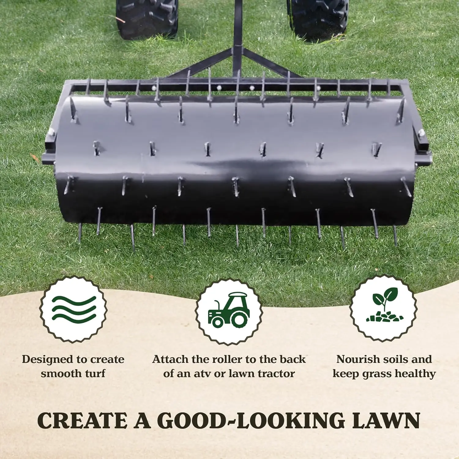 Drum 36 Inch Wide Lawn Mower Atv Yard Grass Aerator Roller With 78 Steel Spikes And 24 Gallon Water Holder For Gardening