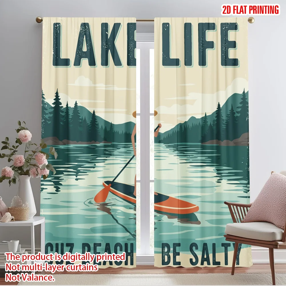 

2pcs 2D flat printing Curtain Lake Life Paddle Board 100% Polyester Fabric Without Electricity 0 Use for Indoor Celebrations
