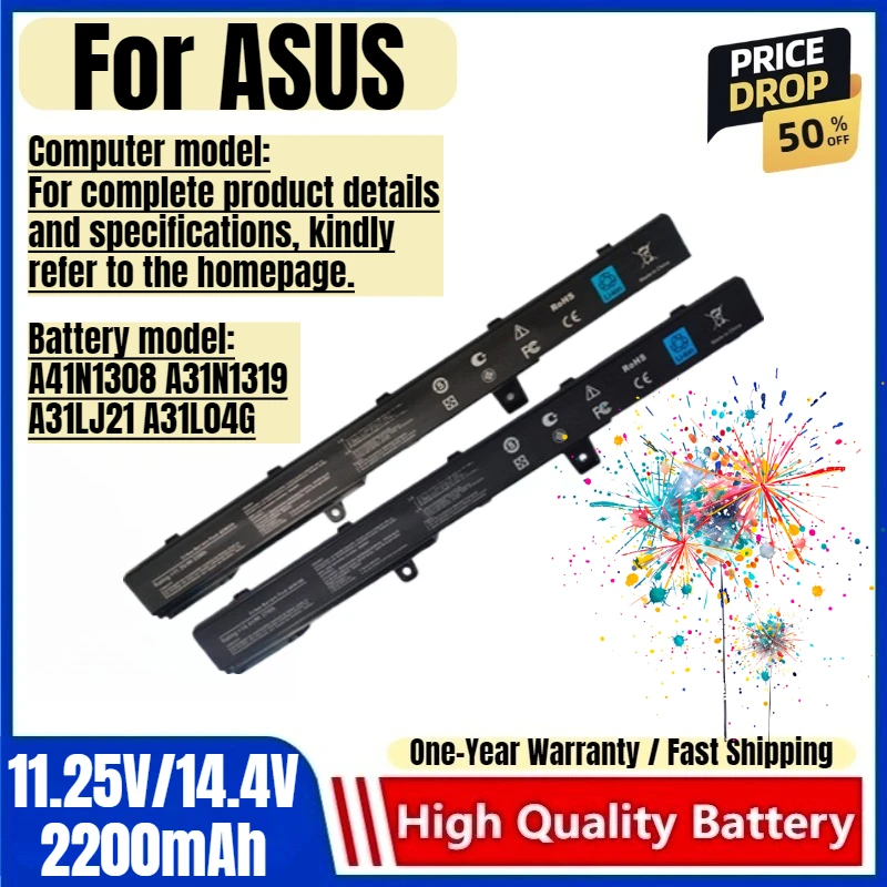 A41N1308/19 for ASUS X451C X551C X451CA X551CA  D550M D550MA F200MA F551MA  Laptop Battery  high quality Replacement Bateria