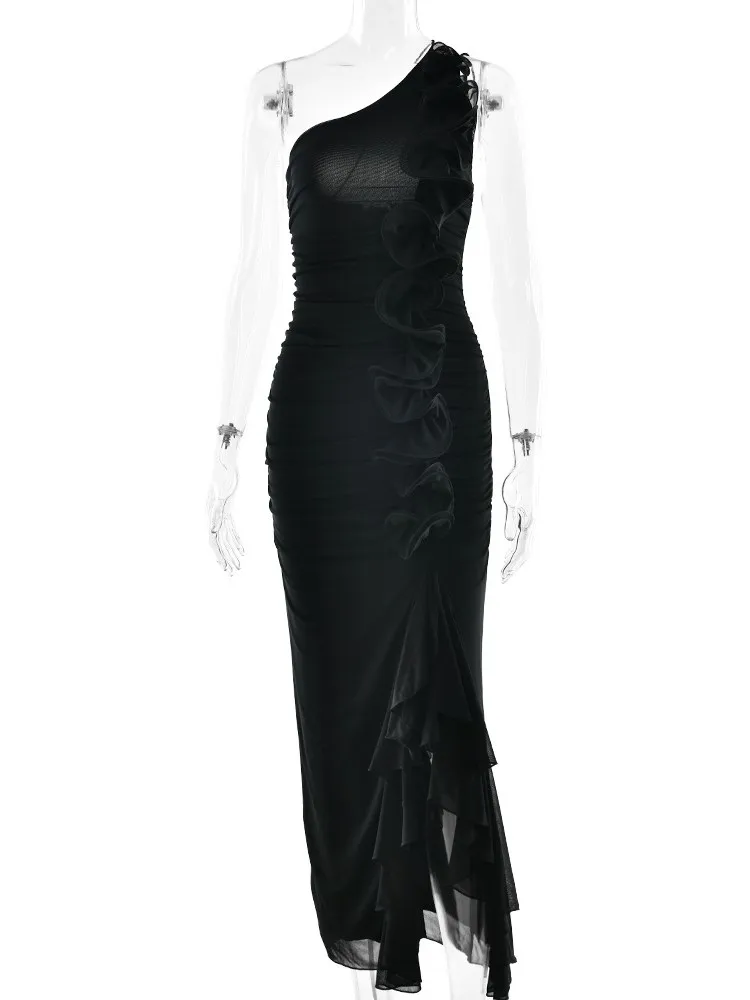 Elegant Backless Solid Color Ruffles Long Dress Women FashionTemperament Slim  2025 Open Slit Bodycon Off Shoulder Party Dresses