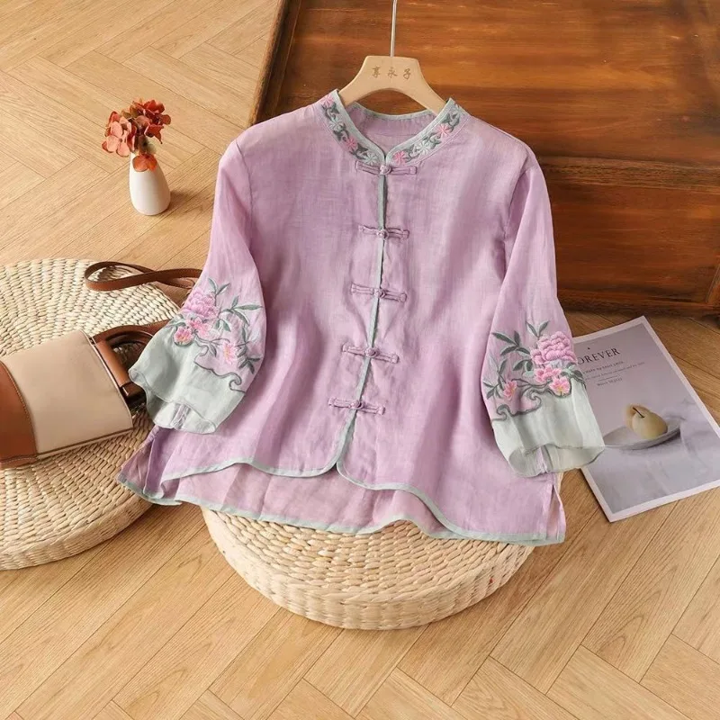 Embroidery Chinese Style Blouses Summer Vintage Women\'s Shirt Loose Cotton Linen Women Tops Short Sleeves Clothing 2024 Korean