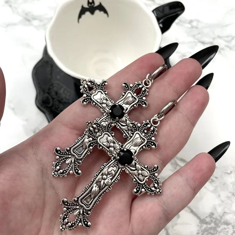 Gothic Large Silver Colour Tone Jewel Cross Earrings with Black Red Punk Hallowmas Jewellery Gorgeous Wedding Statement Women image 4