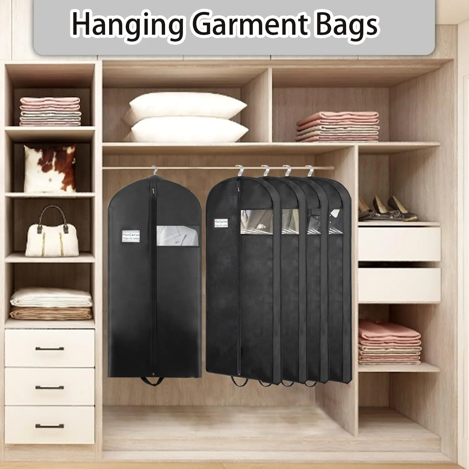 

4" Gusseted Hanging Garment Bags for Closet Storage Clothes Non-woven Clothes Bags with Zipper Breathable Clothes Dust Cover