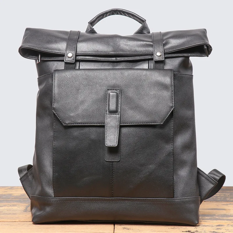 Men Black Genuine Cowhide Leather Backpack Roll Top Vintage Travel Daypack Large Capacity Laptop Bag with Flap Pocket