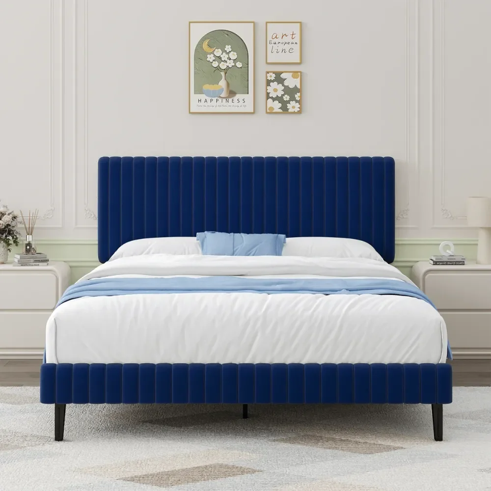 

Bed Frame, Upholstered Bed Frame With Headboard And Footboard, Vertical Channel Tufted Headboard, White Black Pink Green Blue, T