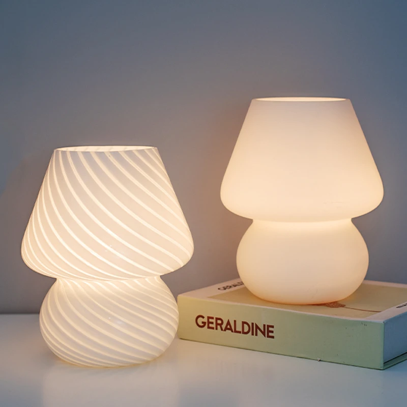 Ins Creative Glass LED Lamp Bedroom Bedside Table Night Light Striped Frosted Mushroom Table Simple Decoration Cute Translucent