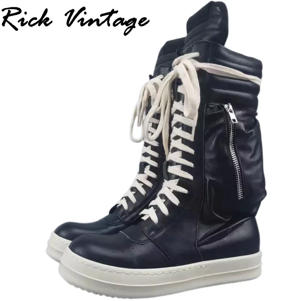 Rick Vintage Men's Motorcycle BootsคุณภาพหนังHigh Street Casualรองเท้าหนารอบToe Lace-Upลูกวัวรองเท้าUnisex