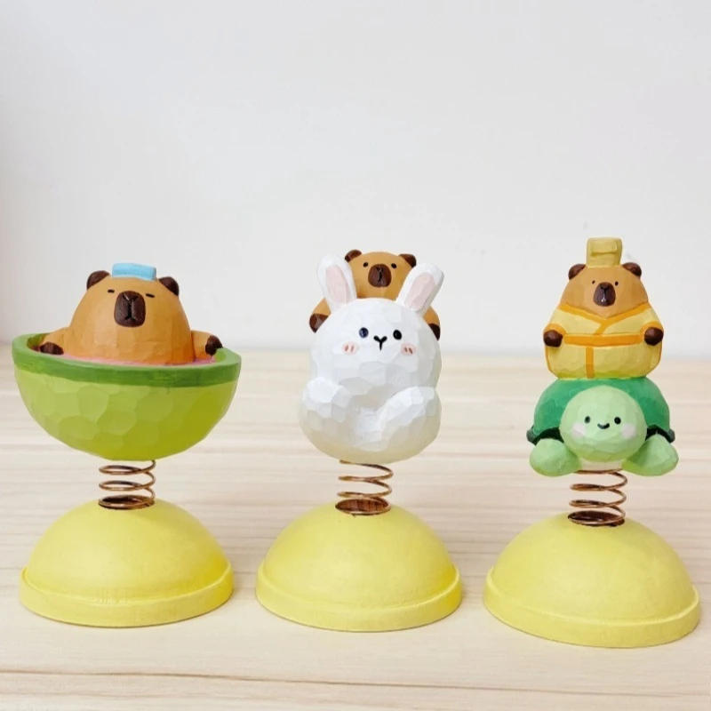 Handmade Wood Cute Animal Bobblehead Version Cartoon Figurine Office Desk Craft Car Decor Birthday Creative Gift Home Decoration