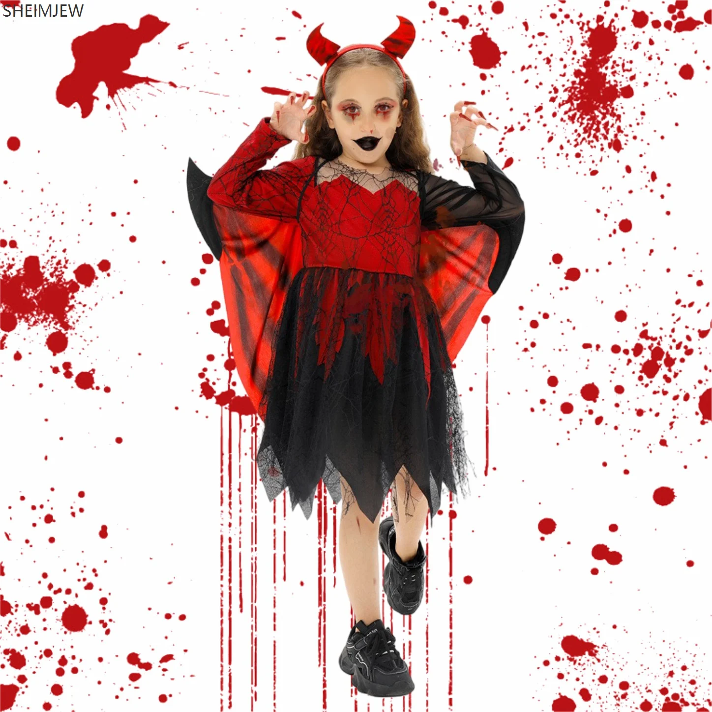 

2025 Little Devil Costume Girls Red Devil Dress Cosplay Spider Web Bat Cape Suit Children's Horror Halloween Party Stage Costume