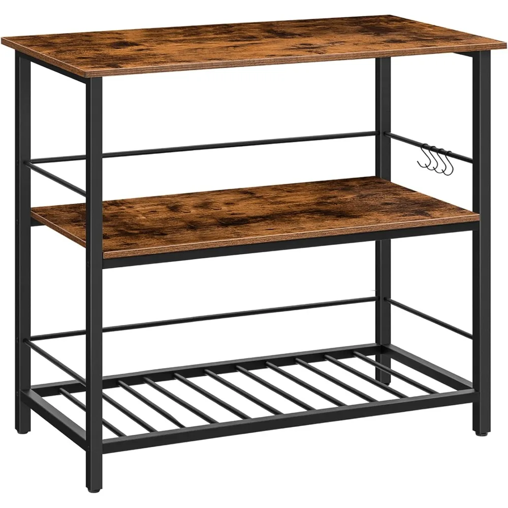 

Kitchen Island with Wine Rack, Industrial Island Counter with Hooks and Protective Rails, 3 Tier Kitchen Shelf with Large Works