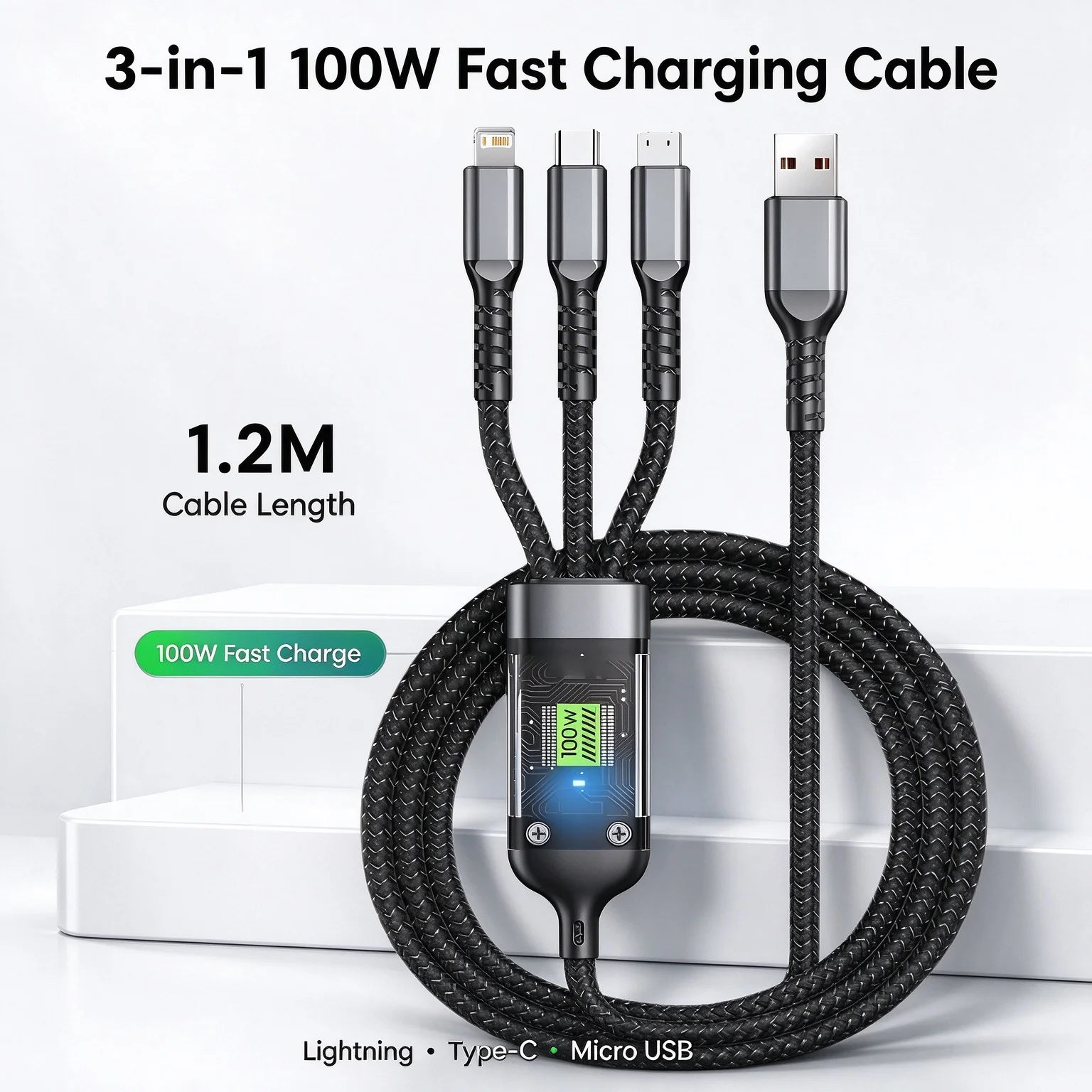 3-in-1 100W Fast Charging USB-A Cable High Speed Data Transfer Lightning Type C Micro USB Cord for iPhone Samsung Xiaomi Huawei