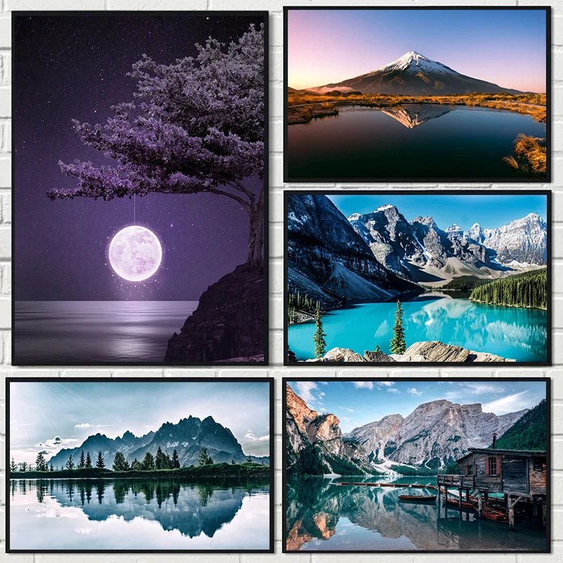 Nordic Natural Landscape Canvas Print Posters Lake Boats Mountain Forest Waterfall Balloons Wall Art Painting Decor Pictures