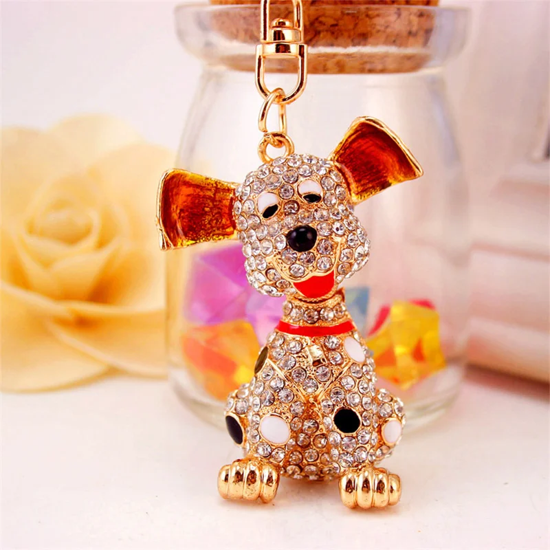 Cute Dalmatian Rhinestone Dog Keyring Alloy Metal Gold Color Animal Pet Keychain Handbag Purse Holder Jewelry llaveros