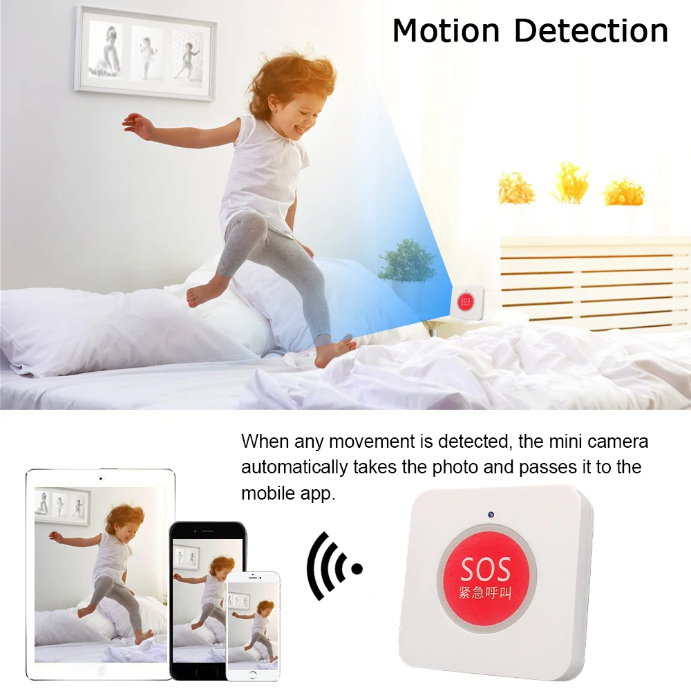 Emergency Call Button 1080P  Mini WIFI camera Wall Mount Compact Size Home USB power supply motion detection camera Monitoring view 4
