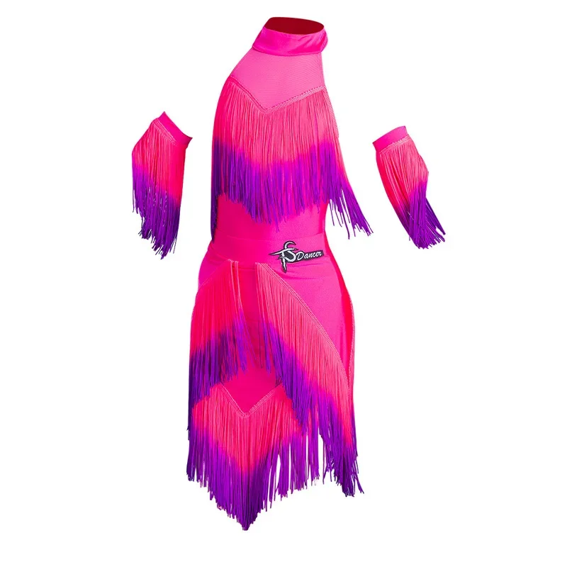 Children'S Latin Dance Dress For Girls Latin Competition Costumes Sleeveless Gradual Fringed Dress Performance Outfits